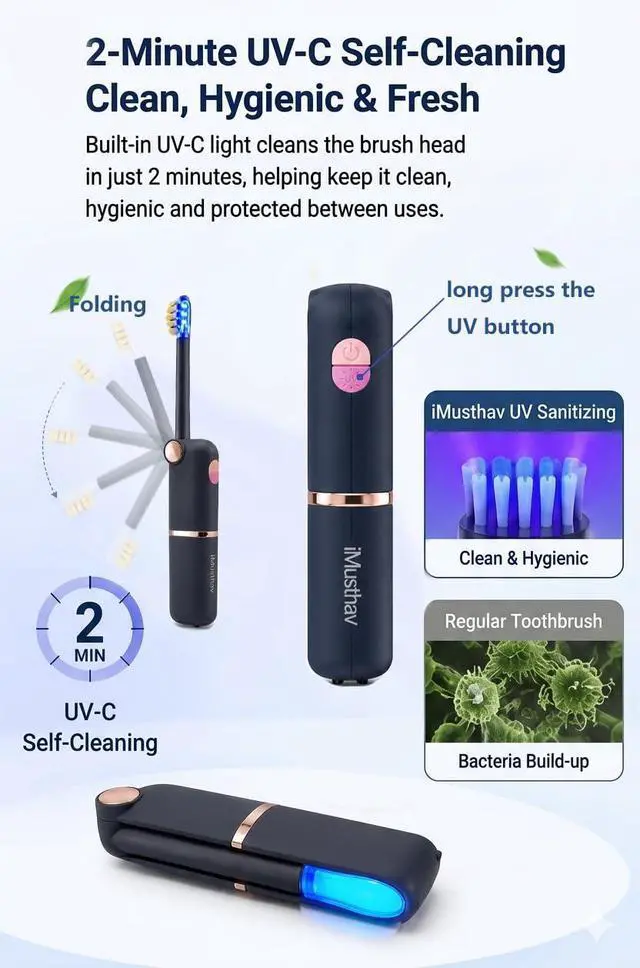 Alt view image 4 of 7 - Foldable Travel Electric Toothbrush, Self Cleaning Toothbrush
