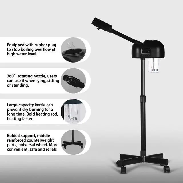 Alt view image 3 of 6 - LCD Facial Steamer Professional for Clean Skin, Skin Care Use at Home, Beauty Salon, Spa with Hot Mist, Timer Function, Adjustable Height, Rolling Wheels - Black