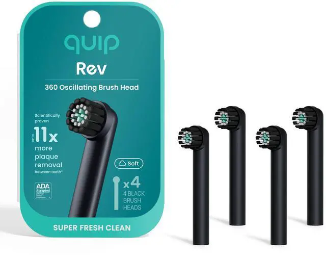 Main image of Rev Oscillating Electric Toothbrush Heads - 4 Pack - Verified quip Brush Head Refills for Oscillating Toothbrushes - Soft Bristles, Dual-Length, Compact - Last 3 Months Each - Black