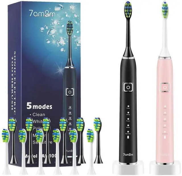 Main image of Electric Toothbrush 2 Pack Set for Kids and Adults, 12 Brush Heads,5 Adjustable Modes, Built-in 2-Minute Smart Timer,Wireless Fast Charge for 60 Days,IPX7 Waterproof SonicToothbrush(Black+Pink)
