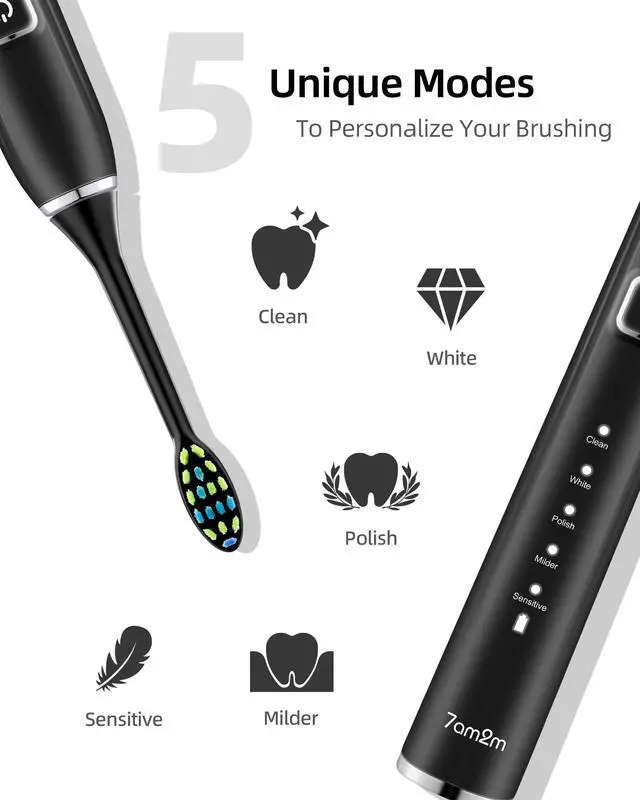 Alt view image 3 of 6 - Electric Toothbrush 2 Pack Set for Kids and Adults, 12 Brush Heads,5 Adjustable Modes, Built-in 2-Minute Smart Timer,Wireless Fast Charge for 60 Days,IPX7 Waterproof SonicToothbrush(Black+Pink)