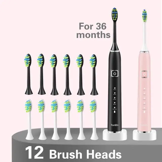 Alt view image 6 of 6 - Electric Toothbrush 2 Pack Set for Kids and Adults, 12 Brush Heads,5 Adjustable Modes, Built-in 2-Minute Smart Timer,Wireless Fast Charge for 60 Days,IPX7 Waterproof SonicToothbrush(Black+Pink)