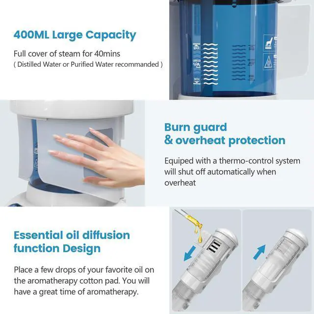Alt view image 4 of 7 - Nano Ionic Facial Steamer - 360° Rotatable Sprayer - 40 Minutes Warm Mist - Humidifier - Professional Face Steamer for Facial Deep Cleaning (White)