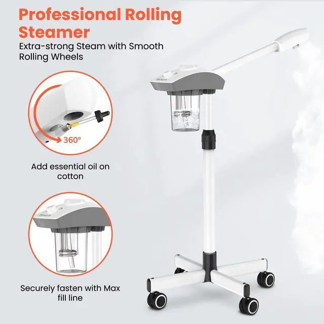 Alt view image 3 of 7 - Professional Facial Steamer Machine on Wheels, Standing Esthetician Steamer with Hot Ozone Mist, Facial Be for Skin Rejuvenation, Steamer for Facial for Spa or Personal Care, White