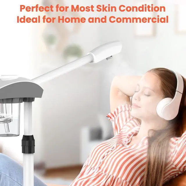 Alt view image 6 of 7 - Professional Facial Steamer Machine on Wheels, Standing Esthetician Steamer with Hot Ozone Mist, Facial Be for Skin Rejuvenation, Steamer for Facial for Spa or Personal Care, White