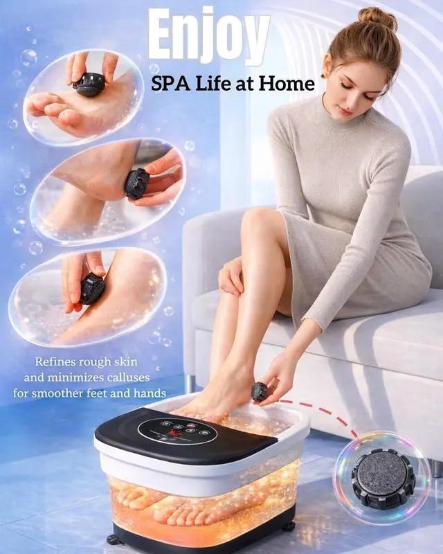 Alt view image 4 of 7 - Collapsible Heated Foot Spa Bath with Bubble, Foot Soaking Tub Featuring 8 Shiatsu Rollers, Pumice Stone and Built-in Timer for Mom, Dad and Foot Relaxation (Black)