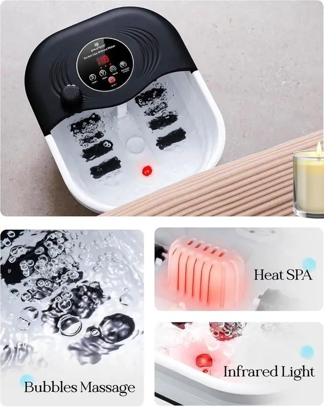 Alt view image 6 of 7 - Collapsible Heated Foot Spa Bath with Bubble, Foot Soaking Tub Featuring 8 Shiatsu Rollers, Pumice Stone and Built-in Timer for Mom, Dad and Foot Relaxation (Black)