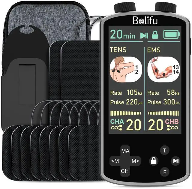 Main image of TENS EMS Unit Muscle Stimulator for Pain Relief Therapy - 4 in 1 TENS EMS Relax Custom Frequency+Pulse - Muscle Massager 36 Modes 20 Intensity, Memory & Favorites Function, 3.8" Color Display - Gray