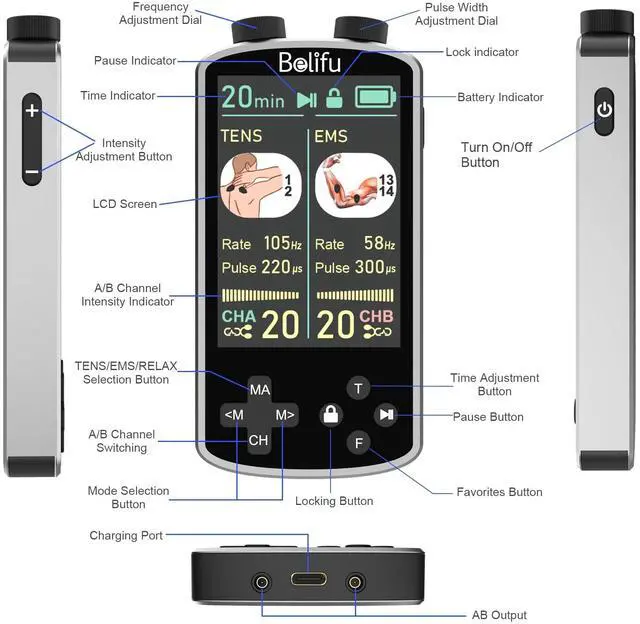 Alt view image 6 of 7 - TENS EMS Unit Muscle Stimulator for Pain Relief Therapy - 4 in 1 TENS EMS Relax Custom Frequency+Pulse - Muscle Massager 36 Modes 20 Intensity, Memory & Favorites Function, 3.8" Color Display - Gray