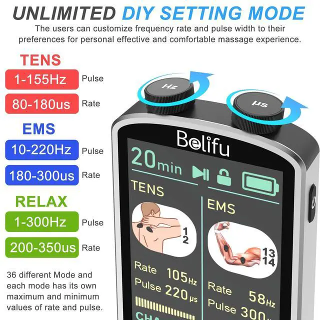 Alt view image 5 of 7 - TENS EMS Unit Muscle Stimulator for Pain Relief Therapy - 4 in 1 TENS EMS Relax Custom Frequency+Pulse - Muscle Massager 36 Modes 20 Intensity, Memory & Favorites Function, 3.8" Color Display - Gray