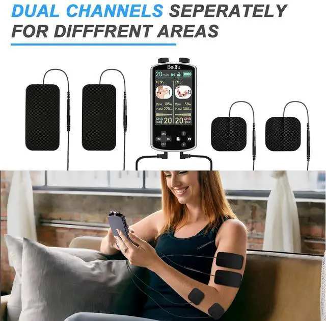 Alt view image 4 of 7 - TENS EMS Unit Muscle Stimulator for Pain Relief Therapy - 4 in 1 TENS EMS Relax Custom Frequency+Pulse - Muscle Massager 36 Modes 20 Intensity, Memory & Favorites Function, 3.8" Color Display - Gray