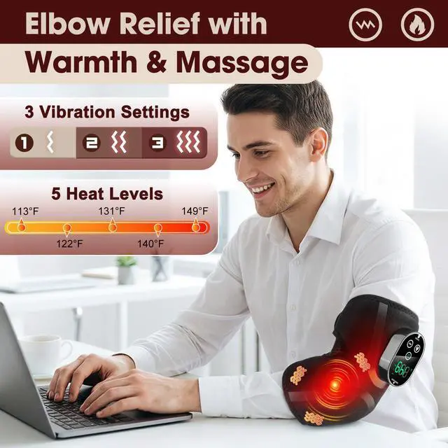 Alt view image 3 of 7 - Cordless Tennis Elbow Heating Pad, Elbow Massager with Heat, Rechargeable Arm Heating Wrap, Comfort Heated Elbow Brace for Tendonitis, Stiffness and Pain Relief, 3000mAh