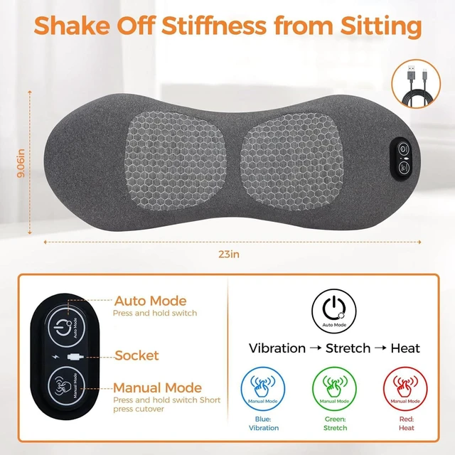 Alt view image 2 of 7 - 3-in-1 Electric Lumbar Support Pillow, Smooth Spine Triple Fusion Back Massager with Heat, Portable Traction & Vibration Massager with for Back, Neck, and Shoulder Relaxation (Dark Gray)