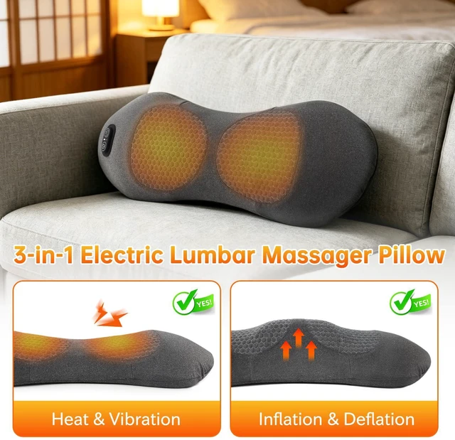 Alt view image 5 of 7 - 3-in-1 Electric Lumbar Support Pillow, Smooth Spine Triple Fusion Back Massager with Heat, Portable Traction & Vibration Massager with for Back, Neck, and Shoulder Relaxation (Dark Gray)