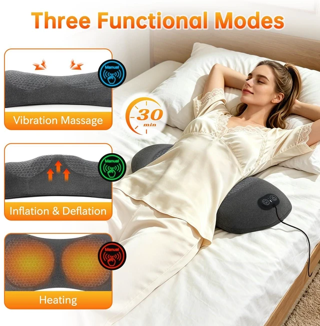 Alt view image 4 of 7 - 3-in-1 Electric Lumbar Support Pillow, Smooth Spine Triple Fusion Back Massager with Heat, Portable Traction & Vibration Massager with for Back, Neck, and Shoulder Relaxation (Dark Gray)