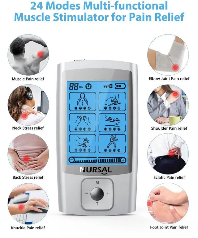 Alt view image 4 of 7 - 24 Modes TENS Unit Muscle Stimulator for Pain Relief, Rechargeable Electronic Pulse Massager, 8 Pcs Pads, Drug-Free Pain Relief for Shoulder, Back, Muscle, ABS Pads Holder