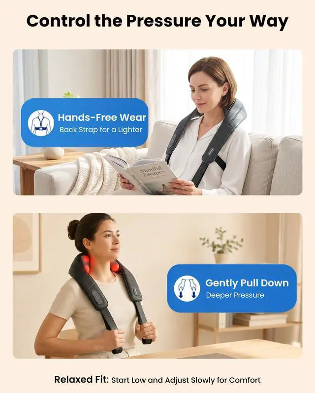 Alt view image 7 of 7 - Cordless Neck and Shoulder Massager with Heat, Wearable 4D Shiatsu Deep Tissue Kneading for Desk Workers and Drivers, Hands-Free Straps, FSA Eligible HSA Gift,Midnight Black