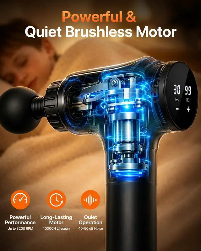 Alt view image 3 of 7 - Massage Gun, 30 Speeds, 6 Heads, Quiet Deep Tissue Muscle Massager