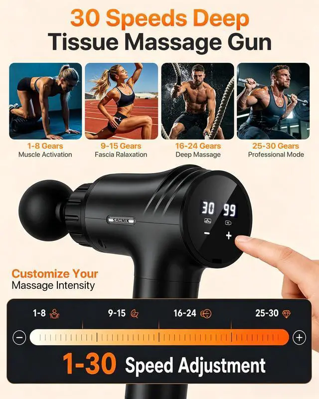 Alt view image 4 of 7 - Massage Gun, 30 Speeds, 6 Heads, Quiet Deep Tissue Muscle Massager