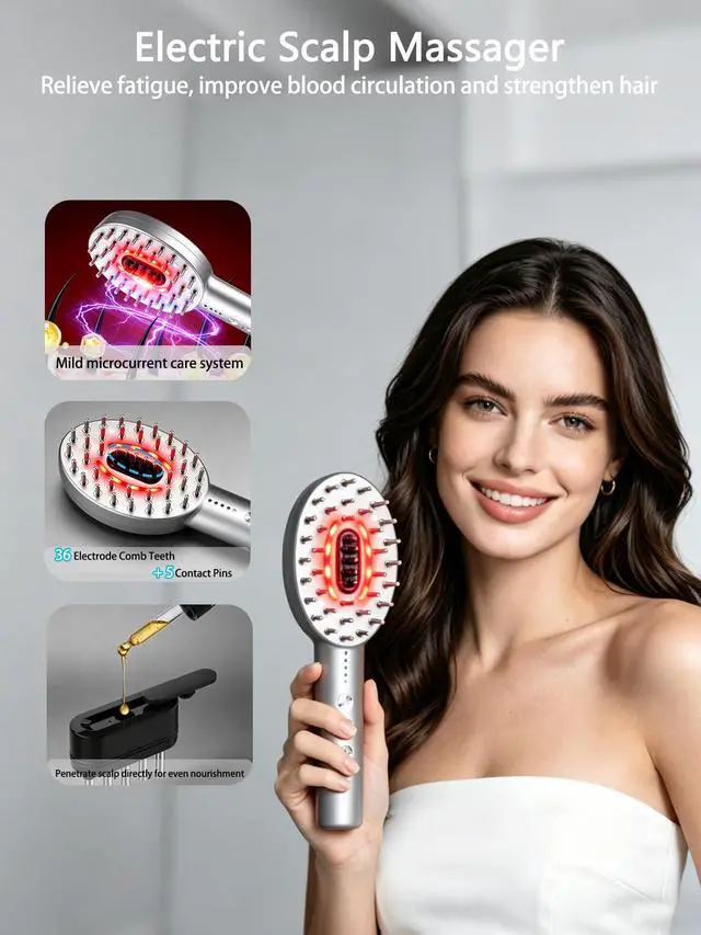 Alt view image 2 of 7 - 3-in-1 Electric Scalp Massager Brush, Vibrating Scalp Massager Comb with Hair Oil Applicator for Scalp/Face/Body Relaxation, Portable Massager Tool for Home & Travel, Gift for Men & Women (Grey)
