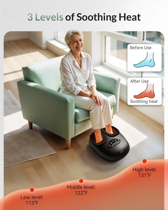 Alt view image 4 of 7 - Shiatsu Foot Massager with Heat, Deep Kneading Rolling Compression Feet Massager for Plantar Fasciitis Neuropathy, 3 Heating Levels,3 Timer Option Fits Size up to 14 Gifts for Men,Women