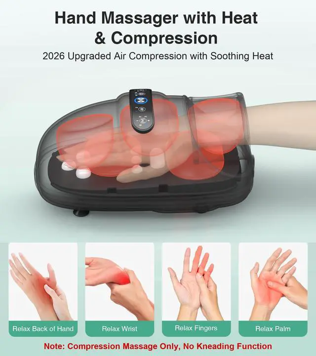 Alt view image 2 of 7 - Hand Massager, 2026 Upgraded, Hand Massager with Heat and Compression for Carpal Tunnel and Stiff Joints, Pain Relief from Wrist to Palm and Finger, Gifts for Women Men (Rechargeable)