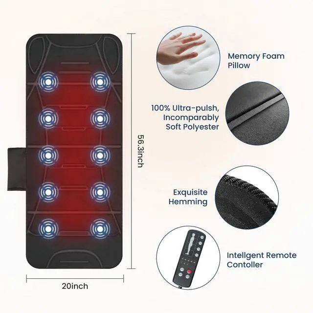 Alt view image 7 of 7 - Full Body Massage Mat with Heat, Back Massager with 10 Vibration Motors, 4 Heating Zones, Foldable Relaxation Pad for 3 Adjustable Intensity Vibration Massage Only, Gift for Men Women