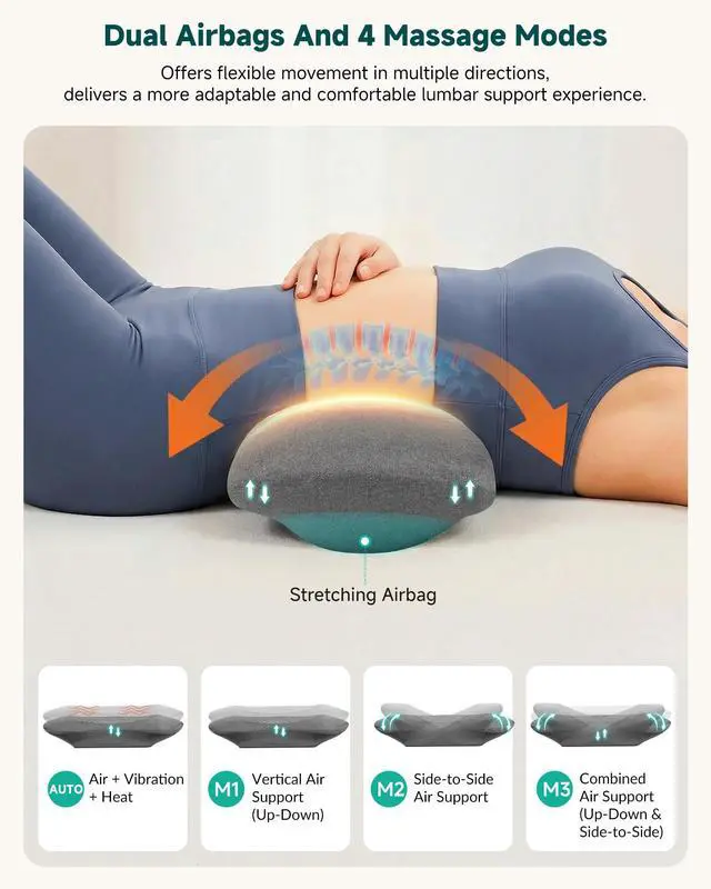 Alt view image 2 of 7 - 3-in-1 Rechargeable Electric Lumbar Support Pillow, Triple Support Air Lift Back Massager with Heat & Vibration, Adjustable Height Wide Waist Cushion for Bed & Chair, Smooth Spine Comfort Design