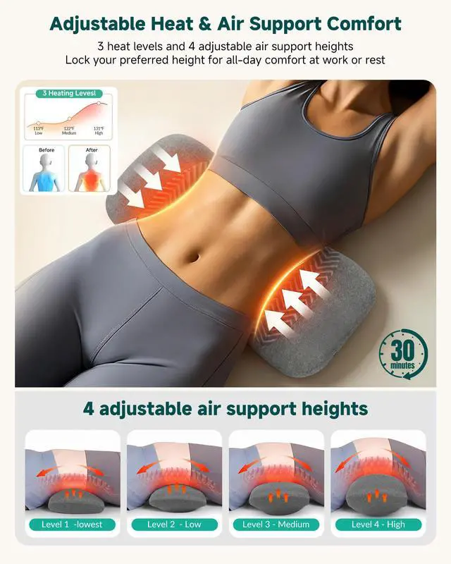 Alt view image 3 of 7 - 3-in-1 Rechargeable Electric Lumbar Support Pillow, Triple Support Air Lift Back Massager with Heat & Vibration, Adjustable Height Wide Waist Cushion for Bed & Chair, Smooth Spine Comfort Design