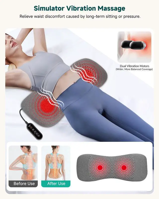 Alt view image 5 of 7 - 3-in-1 Rechargeable Electric Lumbar Support Pillow, Triple Support Air Lift Back Massager with Heat & Vibration, Adjustable Height Wide Waist Cushion for Bed & Chair, Smooth Spine Comfort Design