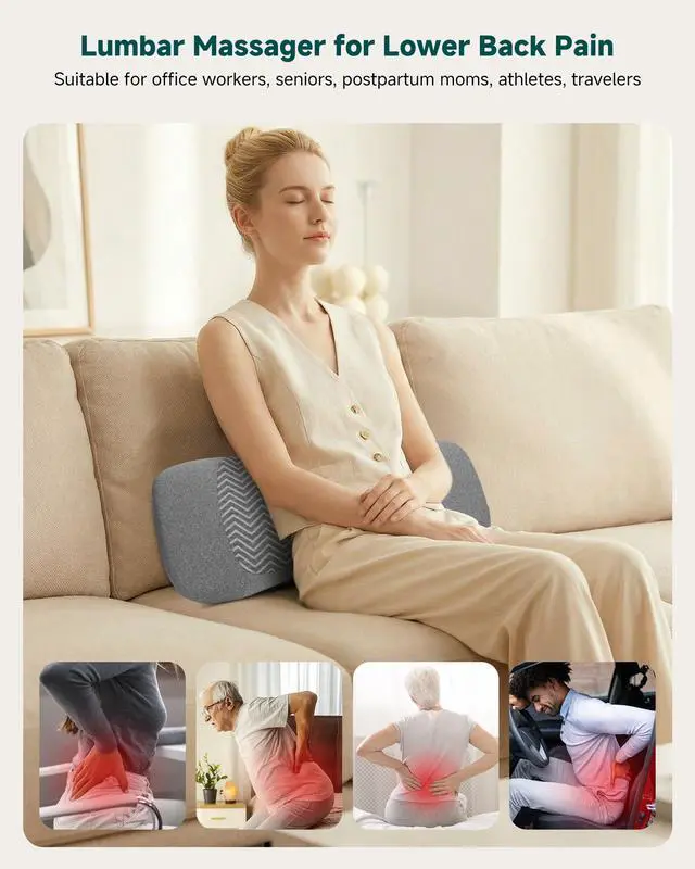 Alt view image 7 of 7 - 3-in-1 Rechargeable Electric Lumbar Support Pillow, Triple Support Air Lift Back Massager with Heat & Vibration, Adjustable Height Wide Waist Cushion for Bed & Chair, Smooth Spine Comfort Design