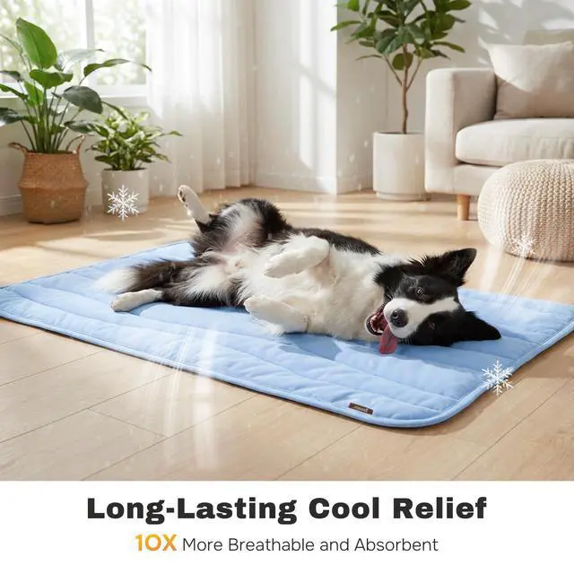 Alt view image 4 of 7 - Cooling Mat for Extra Large Dogs XL - Thin Portable Pet Cooling Pad, Breathable and Washable Cool Fiber with Non-Slip Bottom, Outdoor Use for Summer, 44x32, Blue