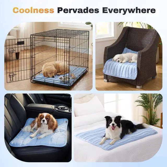 Alt view image 6 of 7 - Cooling Mat for Extra Large Dogs XL - Thin Portable Pet Cooling Pad, Breathable and Washable Cool Fiber with Non-Slip Bottom, Outdoor Use for Summer, 44x32, Blue