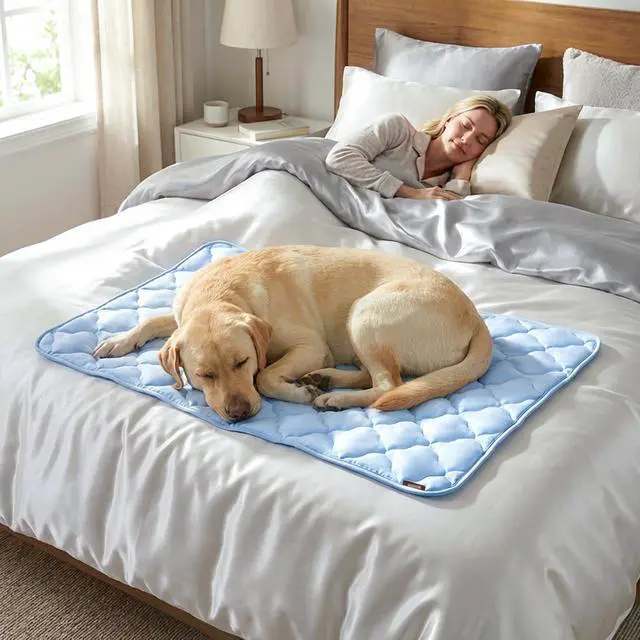 Alt view image 6 of 7 - Dog Cooling Mat for Extra Large Dogs, Q-Max>0.5 Thin Breathable Crate Pad for Pet, Portable Washable Kennel Pad for Summer Outdoor, 41x27, Blue