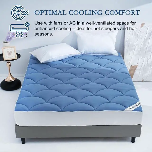 Alt view image 6 of 7 - Queen Size Cooling Mattress Pad, Cool Mattress Topper for Hot Sleepers, Soft Breathable Noiseless Pillow Top Cover, Quilted Fitted Bed Pad for 8''-16'' Deep Pocket, 500GSM (Sea Blue)