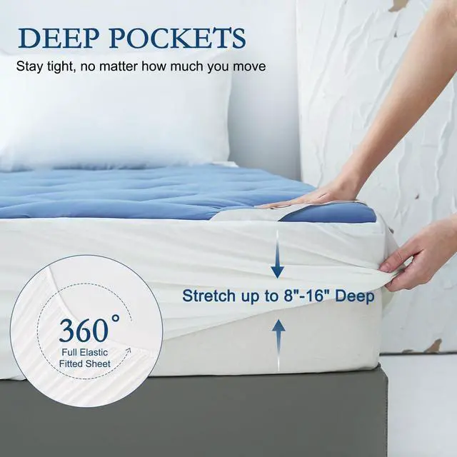 Alt view image 5 of 7 - Queen Size Cooling Mattress Pad, Cool Mattress Topper for Hot Sleepers, Soft Breathable Noiseless Pillow Top Cover, Quilted Fitted Bed Pad for 8''-16'' Deep Pocket, 500GSM (Sea Blue)