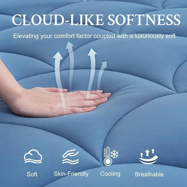 Alt view image 2 of 7 - Cooling Mattress Pad Queen Size, Soft Breathable Pillow Top Mattress Topper for Hot Sleepers, Quilted Fitted Bed Cover with 8-16 Deep Pocket, 500GSM(Blue)