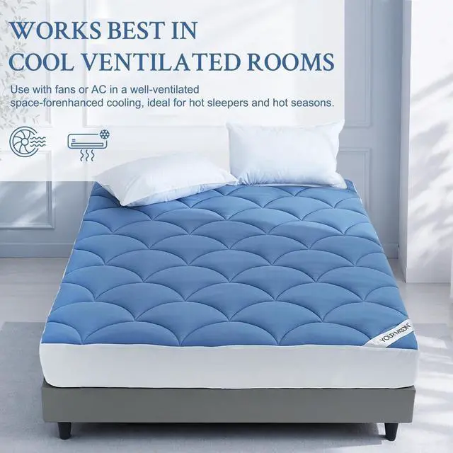 Alt view image 4 of 7 - Cooling Mattress Pad Queen Size, Soft Breathable Pillow Top Mattress Topper for Hot Sleepers, Quilted Fitted Bed Cover with 8-16 Deep Pocket, 500GSM(Blue)