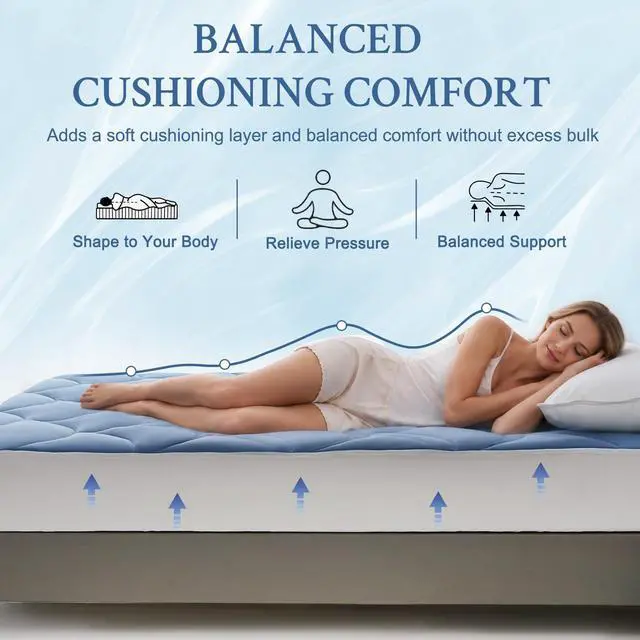 Alt view image 5 of 7 - Cooling Mattress Pad Queen Size, Soft Breathable Pillow Top Mattress Topper for Hot Sleepers, Quilted Fitted Bed Cover with 8-16 Deep Pocket, 500GSM(Blue)
