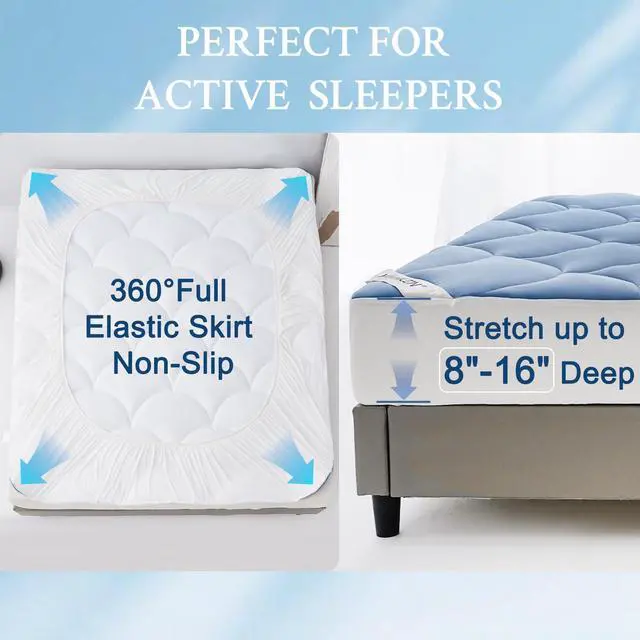 Alt view image 6 of 7 - Cooling Mattress Pad Queen Size, Soft Breathable Pillow Top Mattress Topper for Hot Sleepers, Quilted Fitted Bed Cover with 8-16 Deep Pocket, 500GSM(Blue)