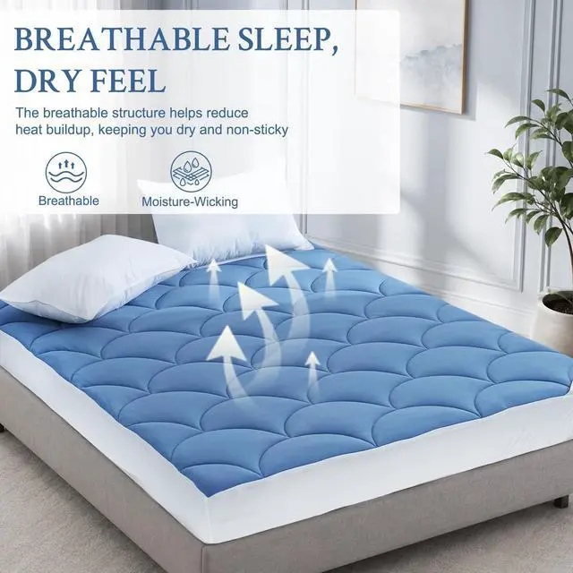 Alt view image 7 of 7 - Cooling Mattress Pad Queen Size, Soft Breathable Pillow Top Mattress Topper for Hot Sleepers, Quilted Fitted Bed Cover with 8-16 Deep Pocket, 500GSM(Blue)