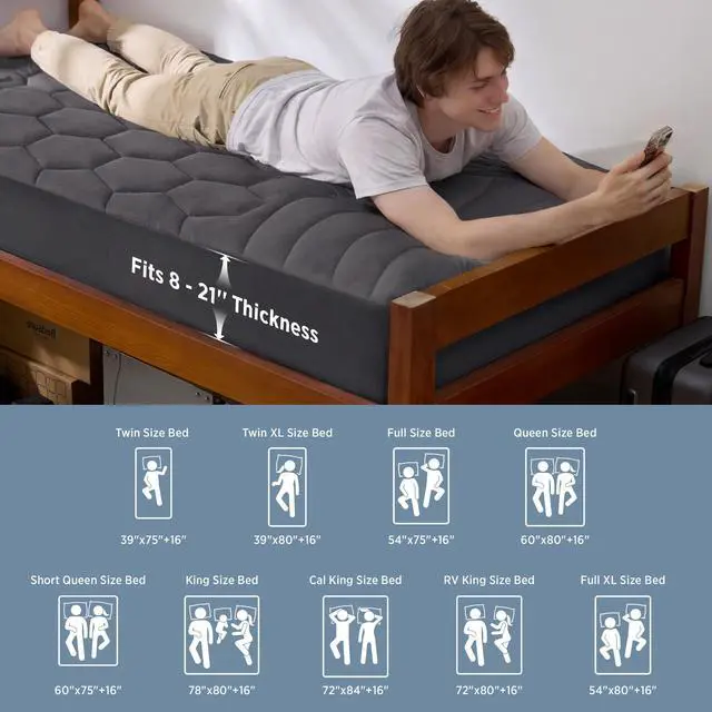 Alt view image 7 of 7 - Grey Twin XL Mattress Pad - Soft Mattress Topper for College Dorm Room Essentials, Extra Long Twin Bed Cover Protector with 8-21 Inches Deep Pocket, Washable, Grey, 39x80 Inches