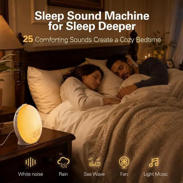 Alt view image 4 of 7 - Full-Screen Wake Up Light Sunrise Alarm Clocks for Bedrooms, White Noise Machine for Heavy Sleepers, 25 Natural Sounds, Dual Alarms, FM Radio, 17 Dimmable Colors, Bluetooth Speaker