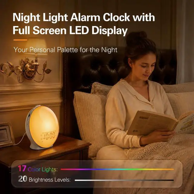 Alt view image 6 of 7 - Full-Screen Wake Up Light Sunrise Alarm Clocks for Bedrooms, White Noise Machine for Heavy Sleepers, 25 Natural Sounds, Dual Alarms, FM Radio, 17 Dimmable Colors, Bluetooth Speaker