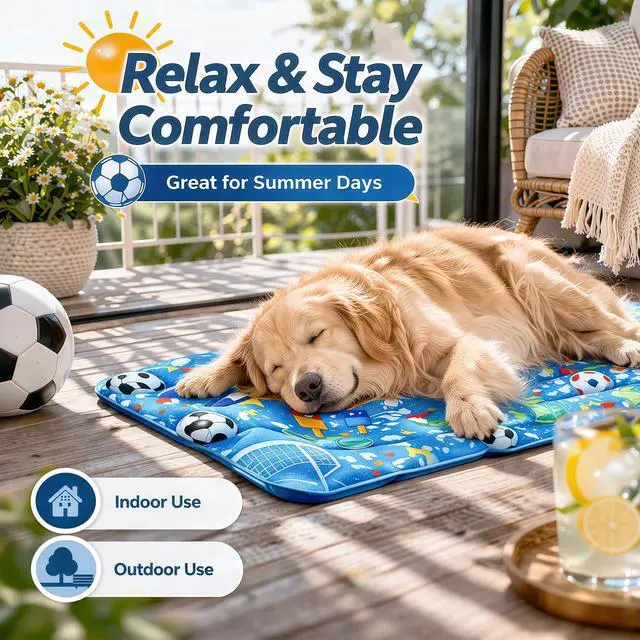 Alt view image 3 of 7 - Dog Cooling Mat, Water-Activated Gel Ice Pad for Dogs&Cats, Self-Cooling Mat Soccer Fan Dog Gifts, Waterproof Wipe-Clean, Soccer-Themed Summer Beds for Outdoor&Indoor Large/Medium/Small Pets