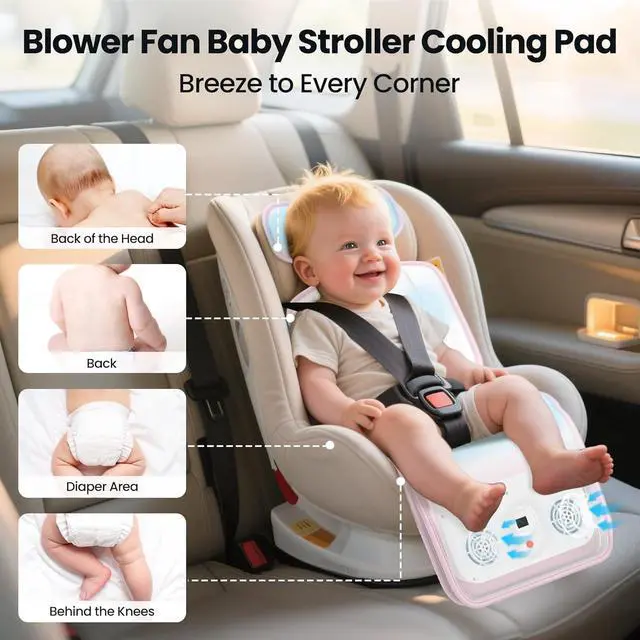 Alt view image 2 of 7 - Baby Stroller Cooling Pad, Up to 10H Cooling, 10000 mAh Rechargeable Car Seat Liner with 2 Built-in Blower, 3 Speed, Summer Essentials for Baby Girl Boy, Cooling Cushion for Toddler Outdoors, Pink