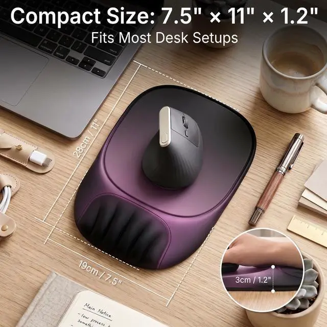 Alt view image 7 of 7 - Ergonomic Mouse Pad with Wrist Rest, Sloped Memory Foam Mousepad with Wrist Support, Cooling Channels, Non-Slip Base, Smooth Lycra Surface for Office, Gaming & Home Desk (Galactic Purple)