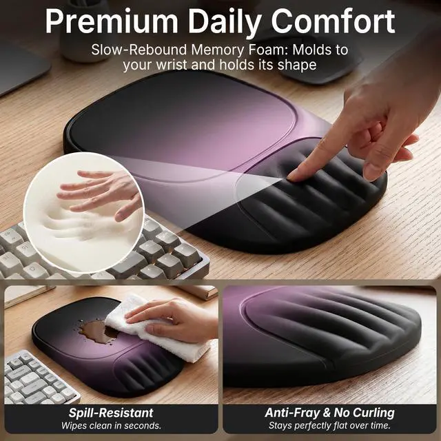 Alt view image 6 of 7 - Ergonomic Mouse Pad with Wrist Rest, Sloped Memory Foam Mousepad with Wrist Support, Cooling Channels, Non-Slip Base, Smooth Lycra Surface for Office, Gaming & Home Desk (Galactic Purple)