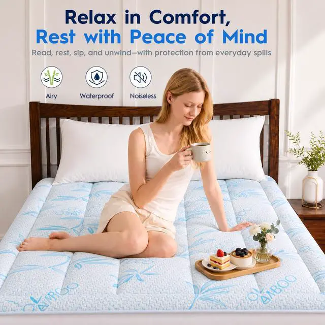 Alt view image 4 of 7 - Waterproof Mattress Pad King Size, Cooling Mattress Protector for Hot Sleepers Made with Bamboo Viscose, Cloud-Soft Memory Foam Mattress Topper, Pillow Top Mattress Cover with 8-21" Deep Pocket
