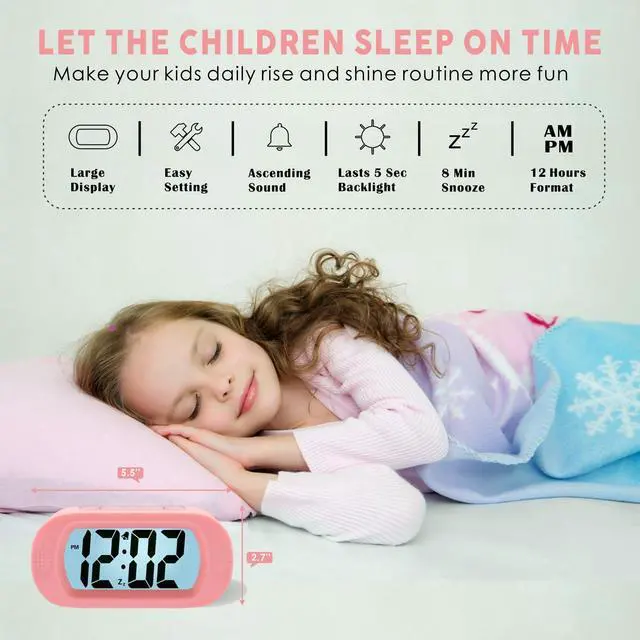 Alt view image 2 of 7 - Kids Alarm Clock Large Digital LCD Travel Alarm Clocks with Snooze and Night Light - Ascending Sound and Handheld Size - Best Gift for Kids (Baby Pink)